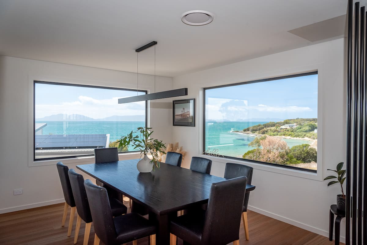 The dining room with bay views